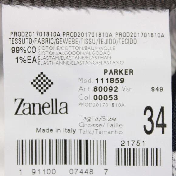 Zanella NWT Chinos / Casual Pants Size 34 US Parker In Solid Gray Cotton Blend
